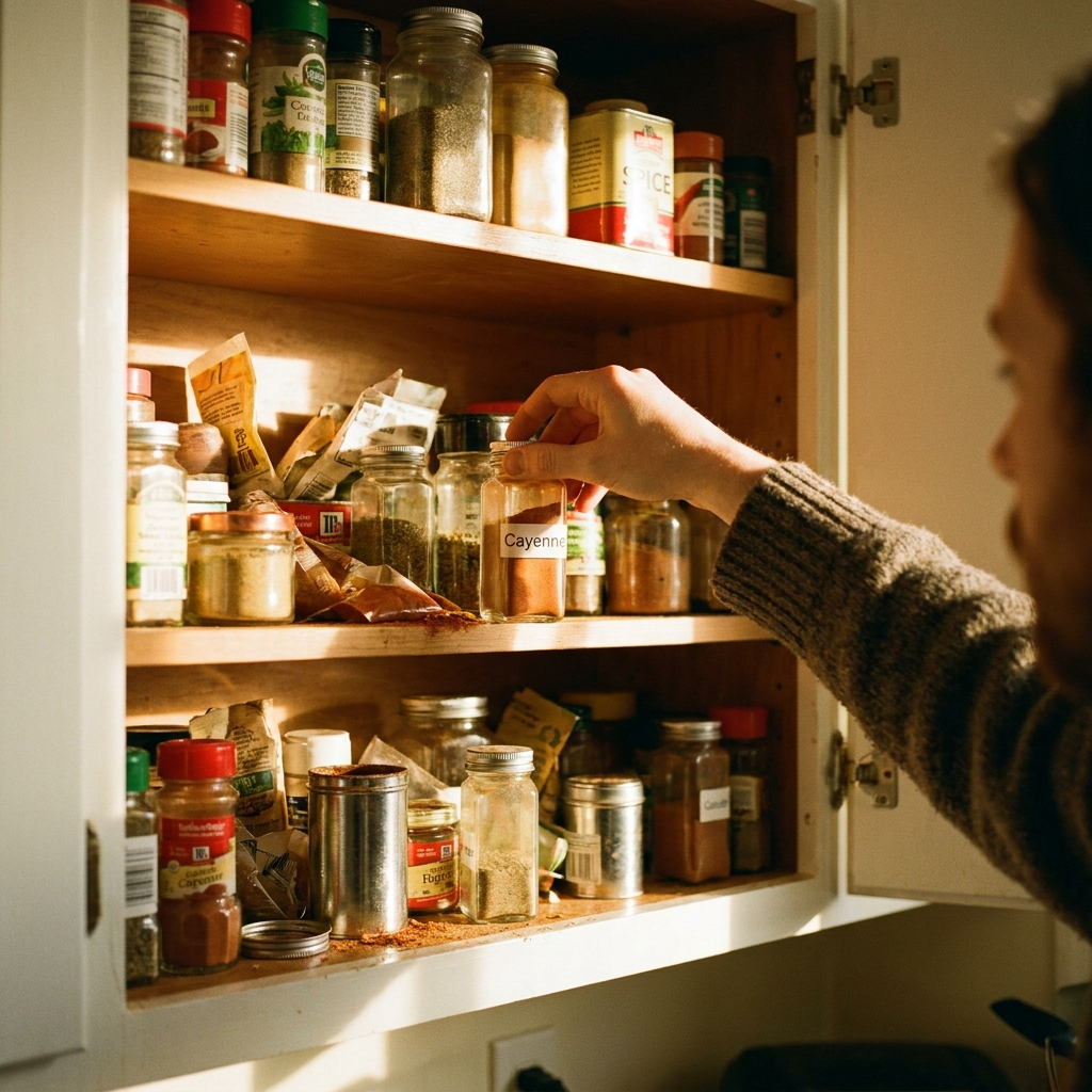 Person reaching for cayenne pepper in a spice cabinet