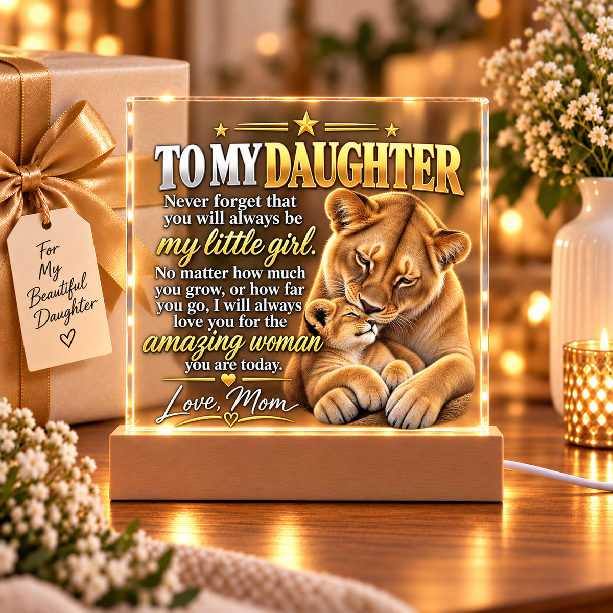 To My Daughter From Mom – My Little Girl Lioness & Cub LED Acrylic Plaque
