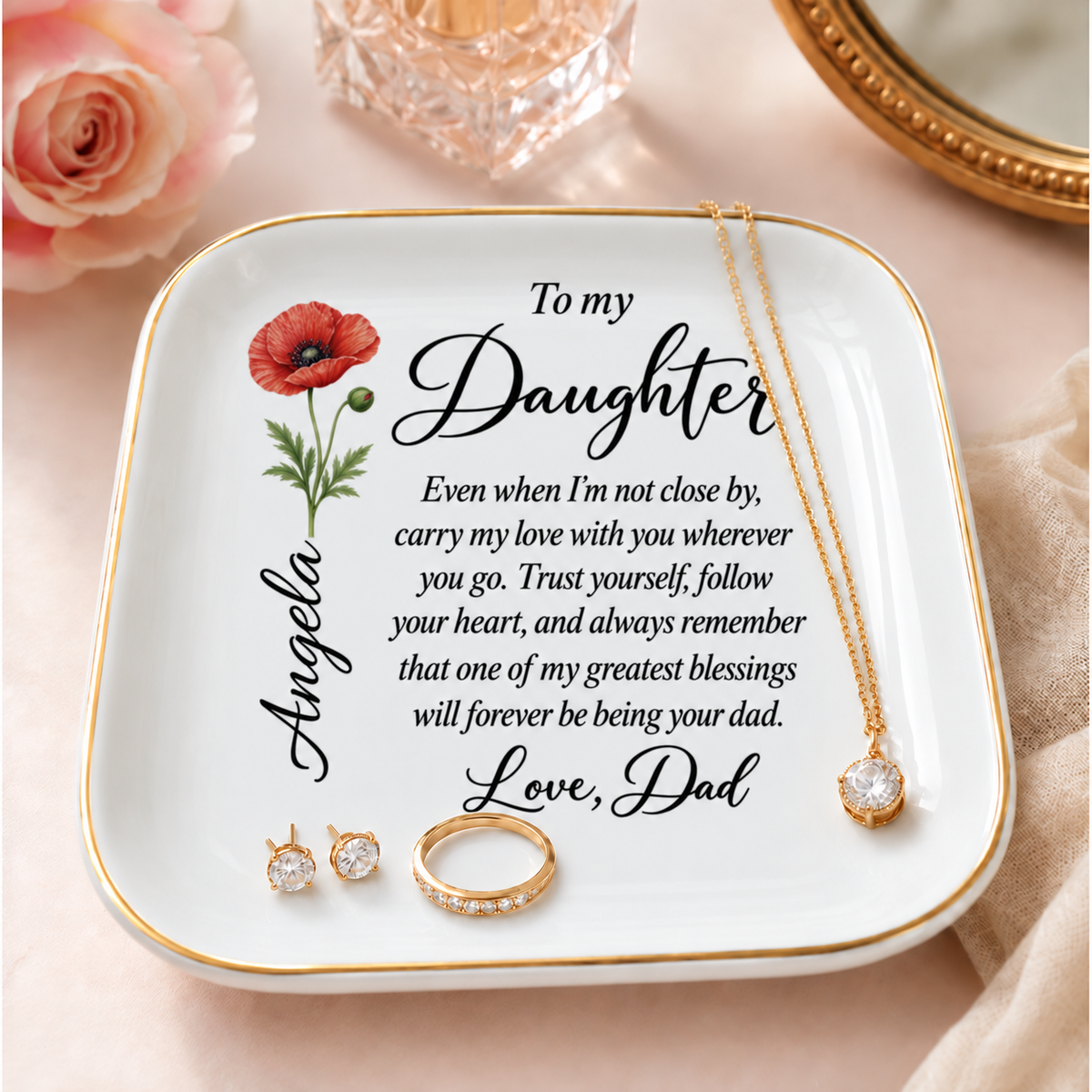 Personalized Birth Flower Jewelry Dish For Daughter From Dad