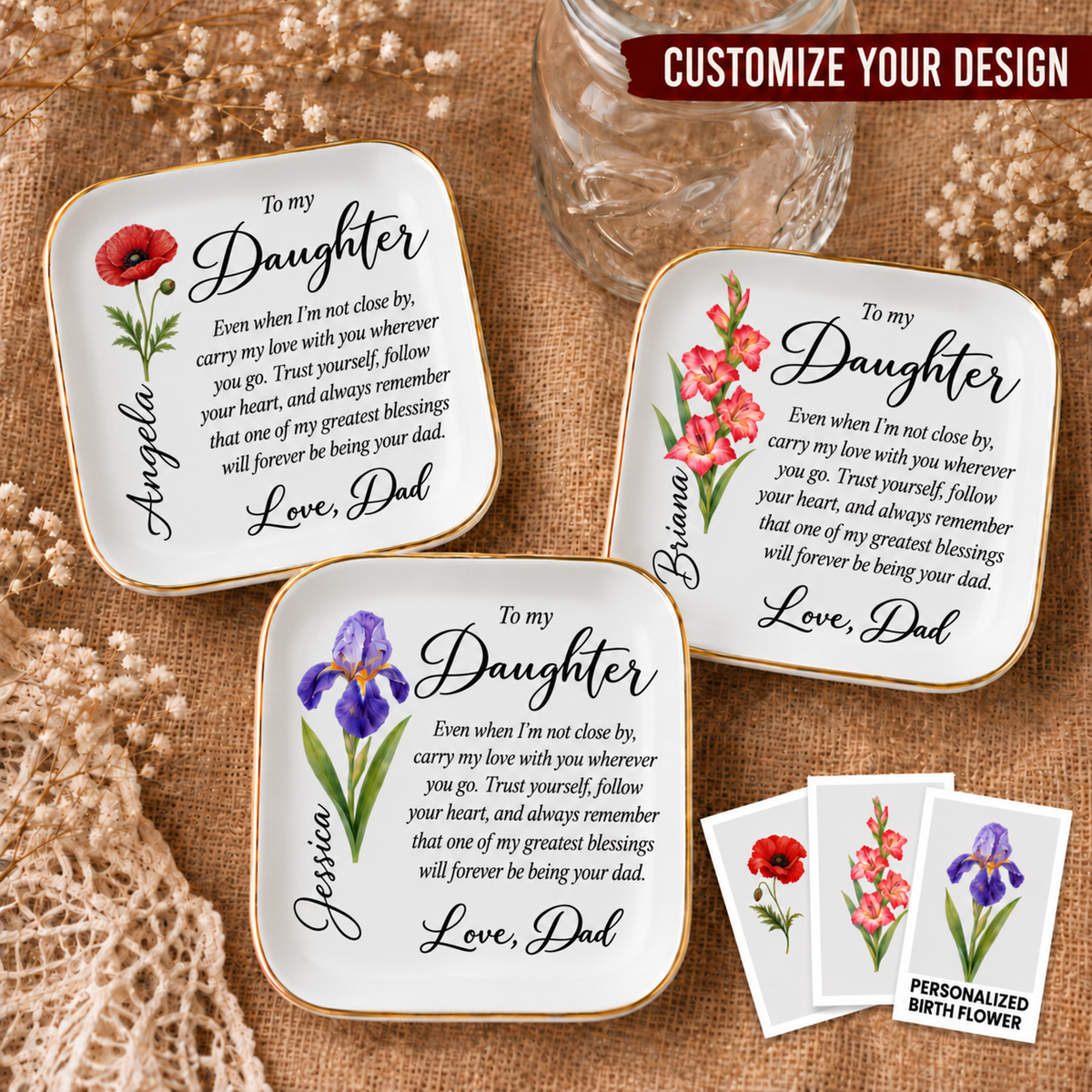 Personalized Birth Flower Jewelry Dish For Daughter From Dad