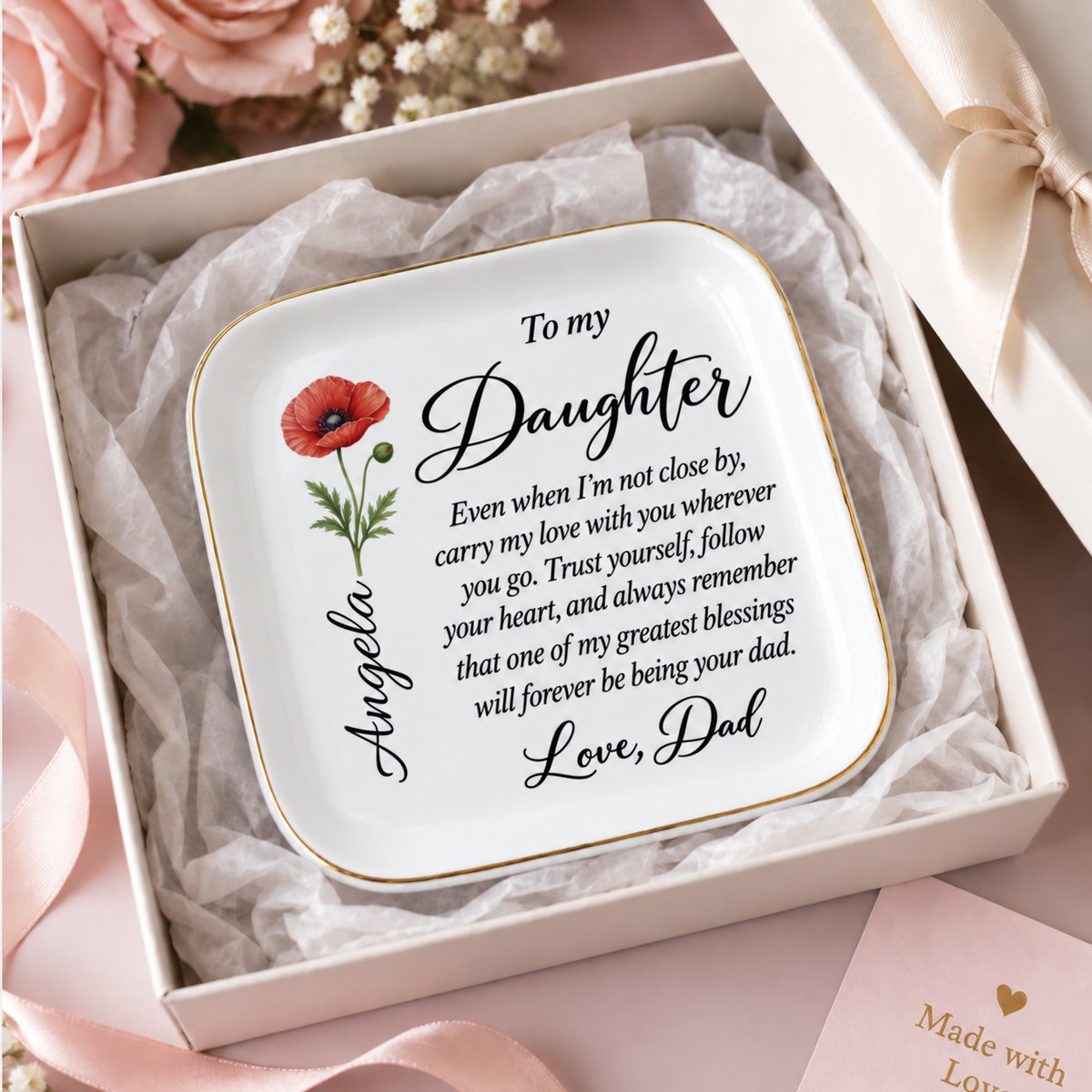 Personalized Birth Flower Jewelry Dish For Daughter From Dad
