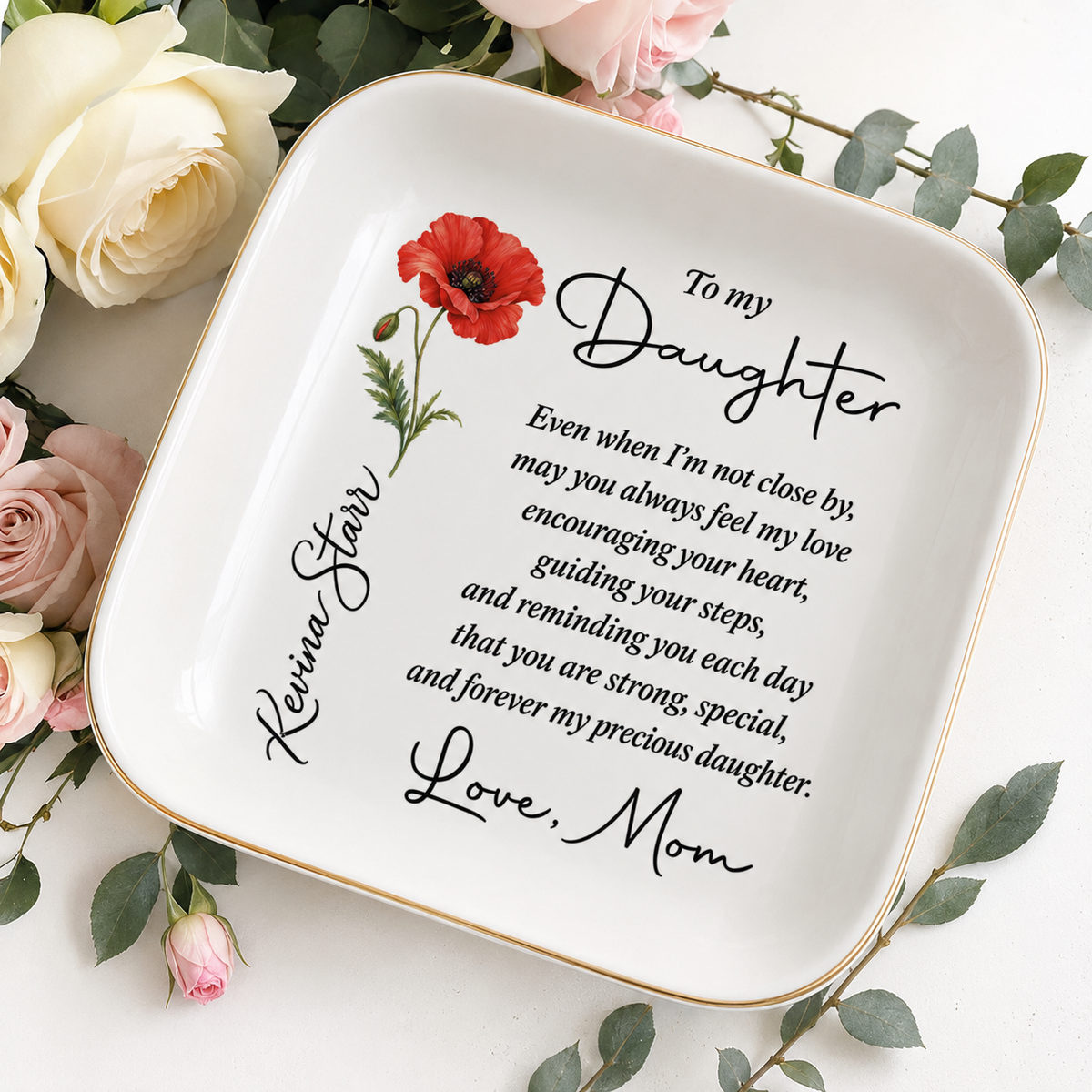 Personalized Birth Flower Jewelry Dish for Daughter – Custom Name Keepsake Gift