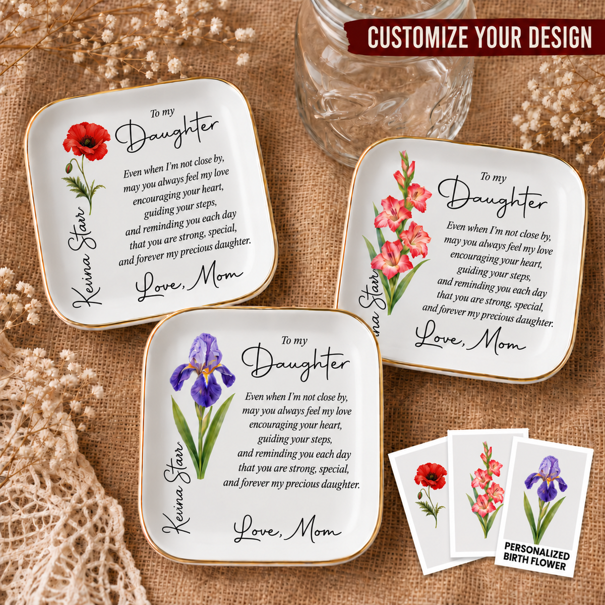 Personalized Birth Flower Jewelry Dish for Daughter – Custom Name Keepsake Gift