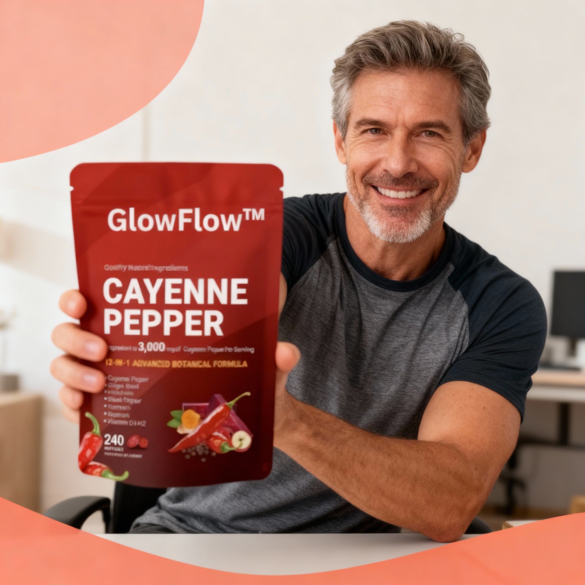 GlowFlow customer holding cayenne pepper softgels