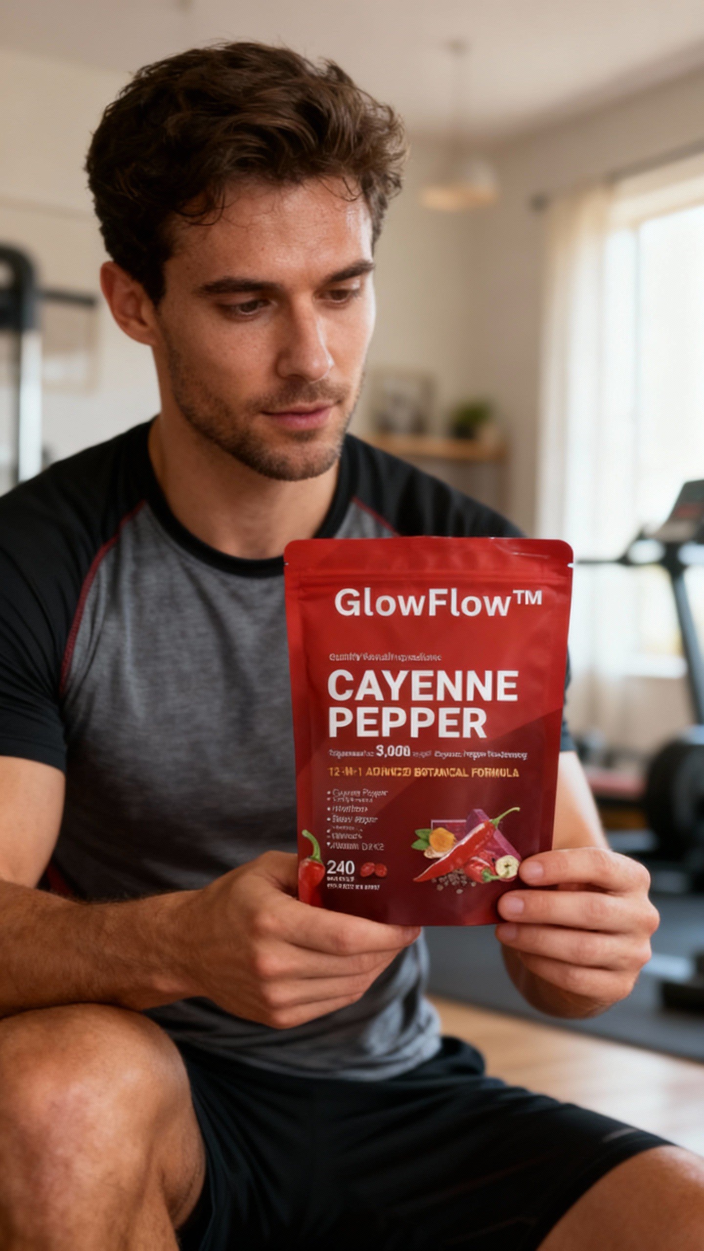 GlowFlow customer holding cayenne pepper softgels