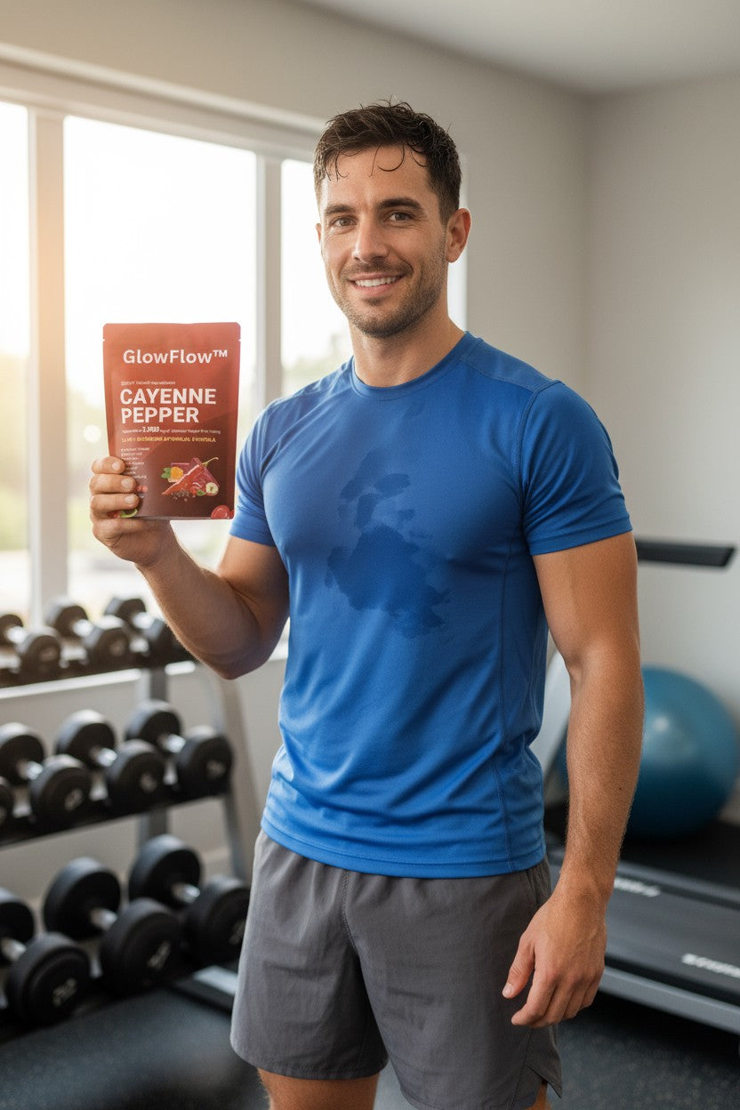 GlowFlow customer holding cayenne pepper softgels