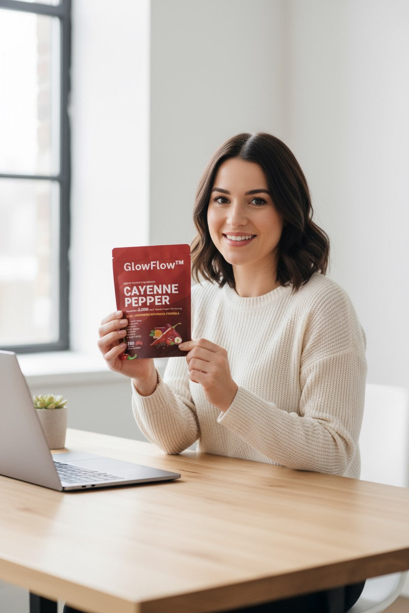 GlowFlow customer holding cayenne pepper softgels