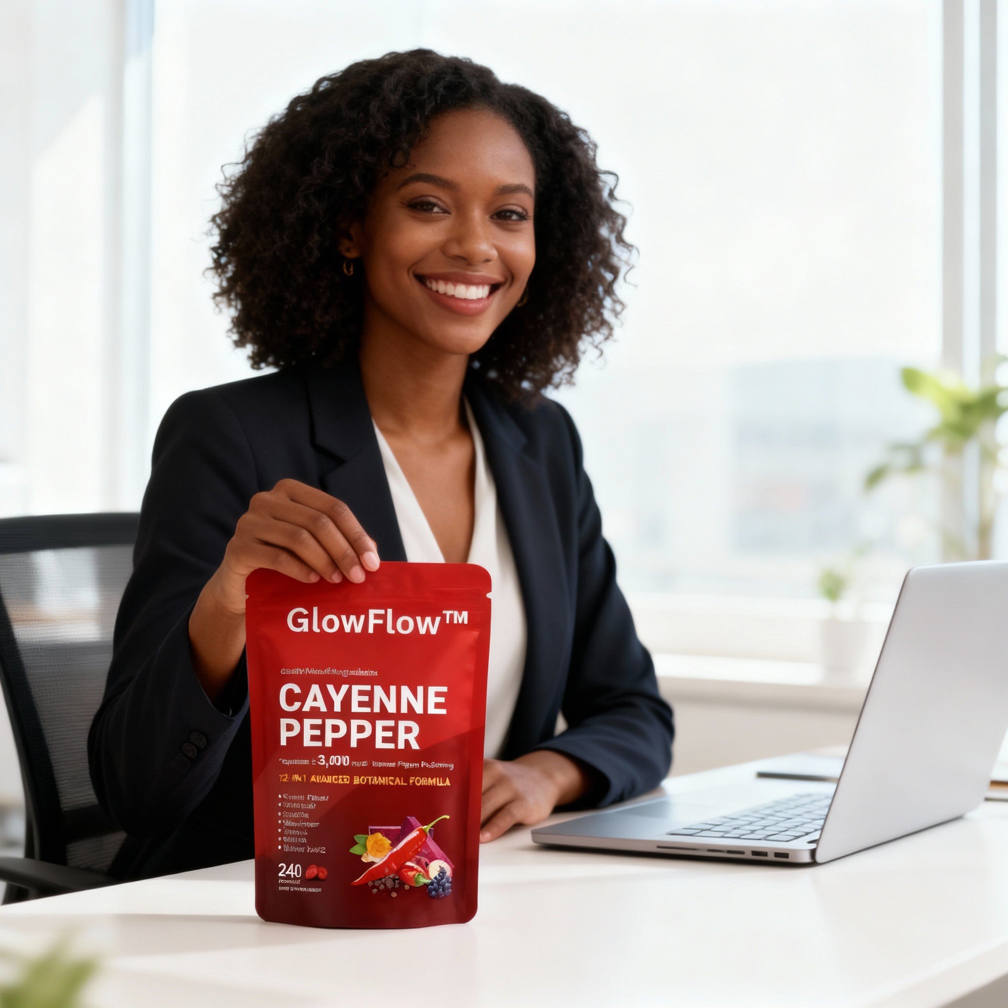 GlowFlow customer holding cayenne pepper softgels