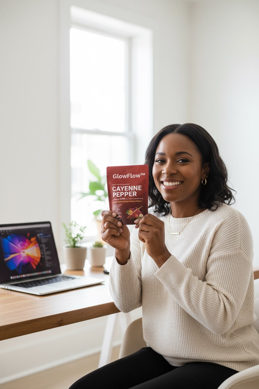 GlowFlow customer holding cayenne pepper softgels