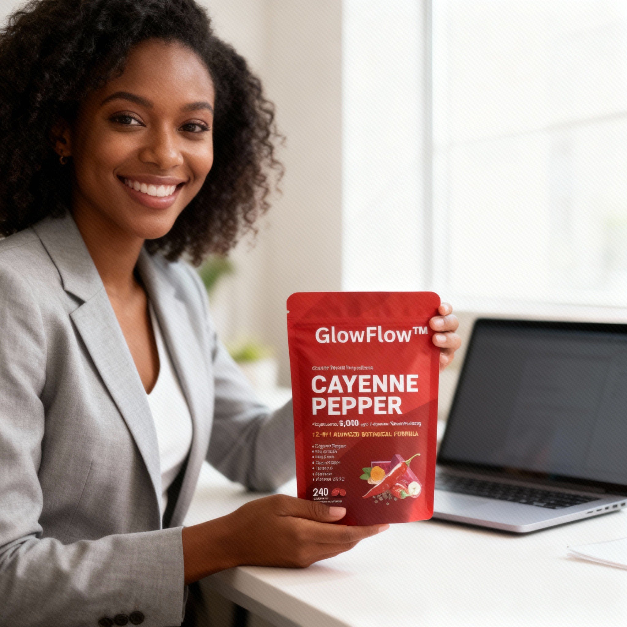 GlowFlow customer holding cayenne pepper softgels