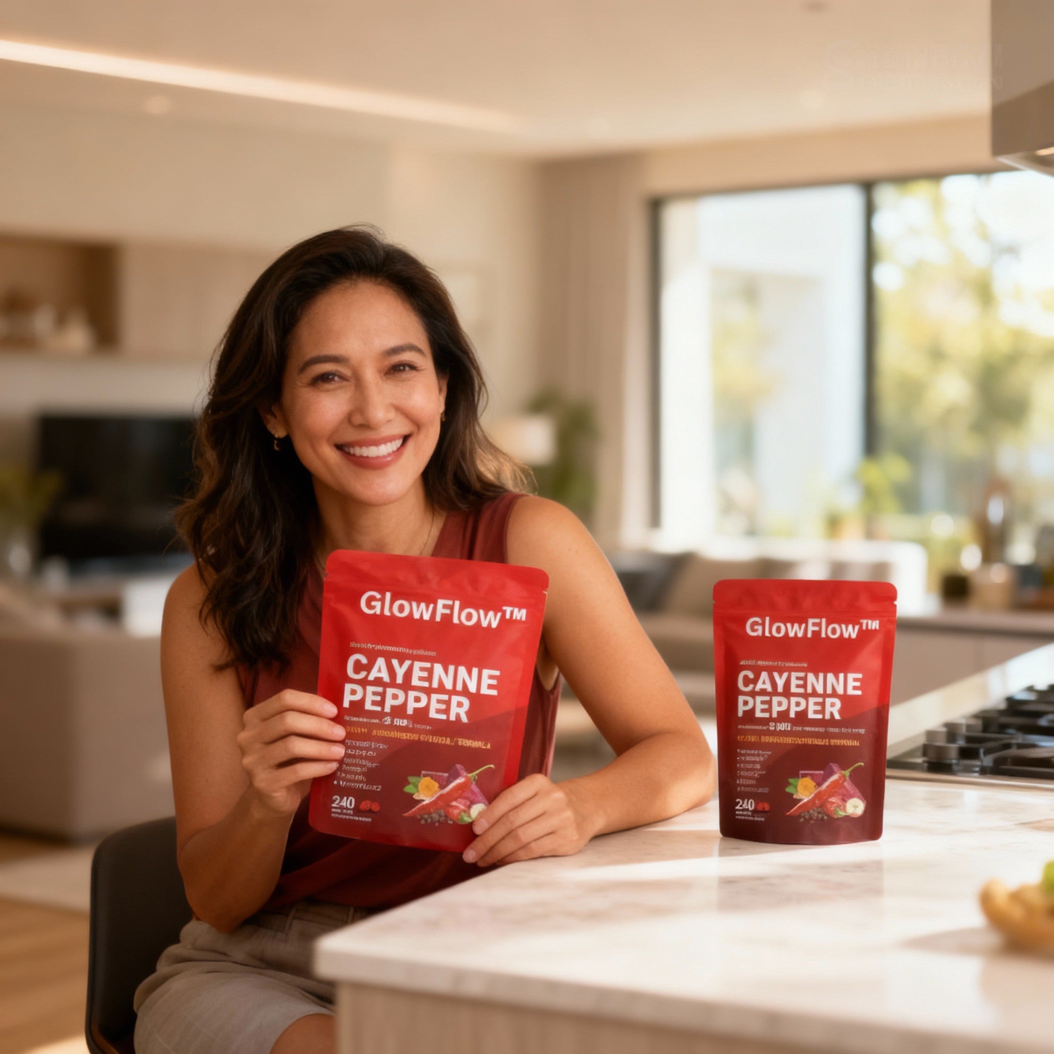 GlowFlow customer holding cayenne pepper softgels