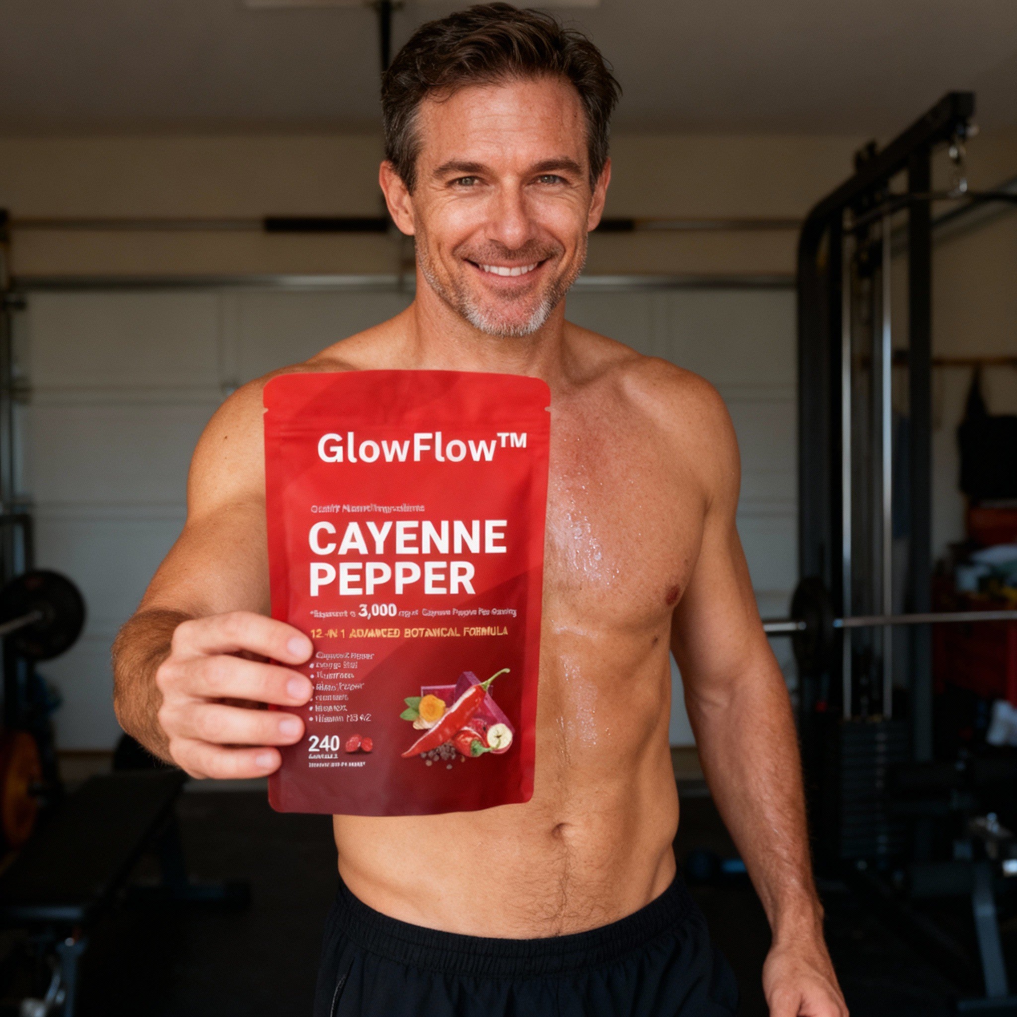 GlowFlow customer holding cayenne pepper softgels
