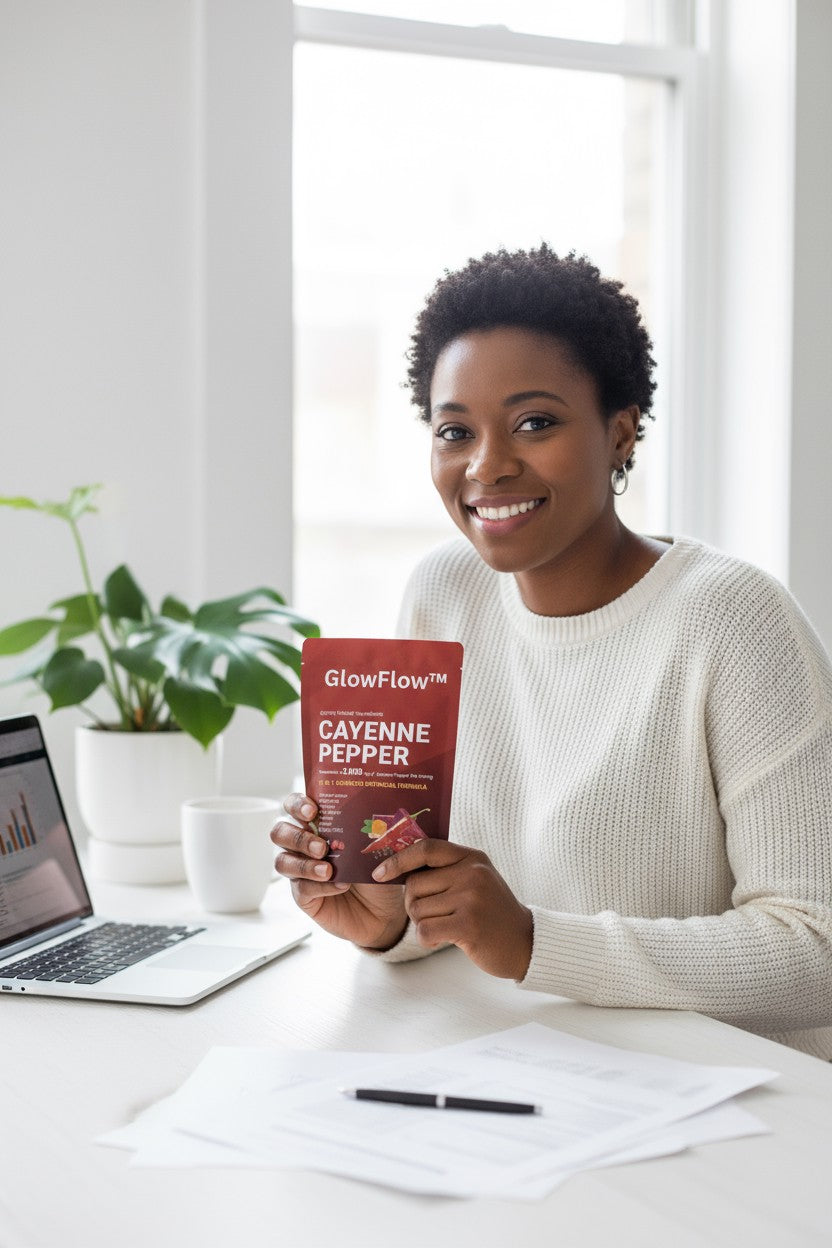 GlowFlow customer holding cayenne pepper softgels